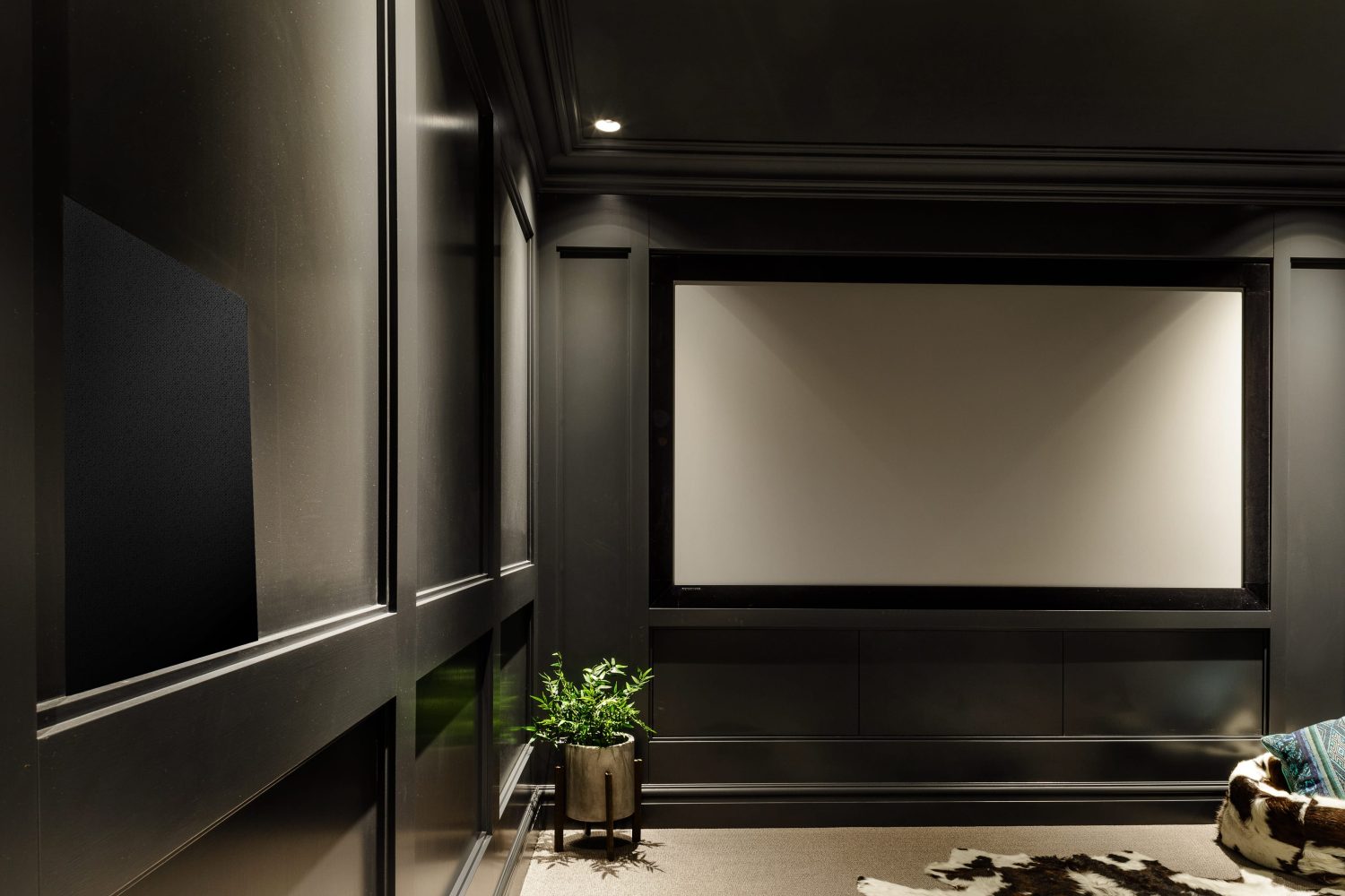 Cinema room with screen built in to grey walls with a potted plant in the corner
