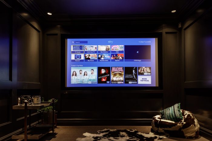Cinema room with large screen built into dark grey walls with a cow print rug and bean bag on the floor